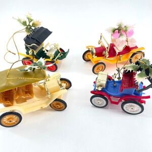 Vintage Plastic Antique Car Christmas Ornaments Set of 4 Retro Holiday Decor